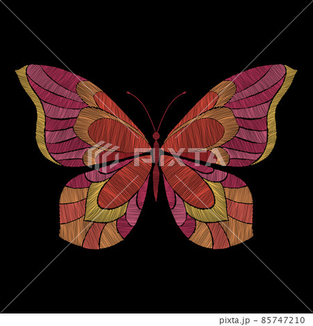 Embroidery butterflie. Floral butterfly, orange flying insect. Textile decoration, fashion graphic patches. Stitch templates, nowaday vector 85747210