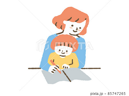 子どもを膝に乗せて描いている母_色 子どもを膝に乗せて描いている母_色 85747265