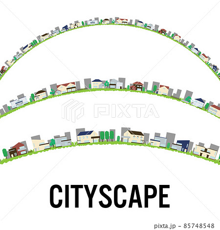 住宅街の街並みイラスト円弧罫線 ベクターイラスト	 住宅街の街並みイラスト円弧罫線 ベクターイラスト	 85748548
