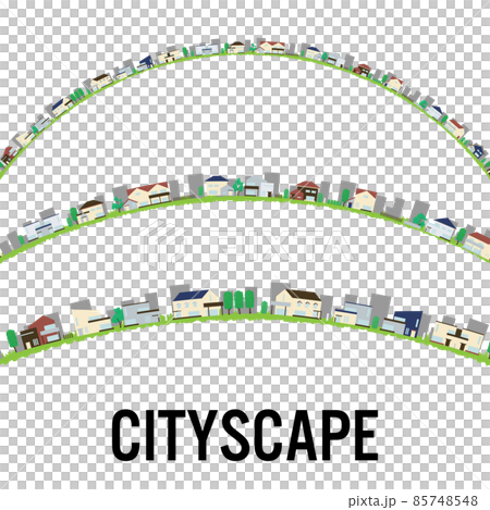 住宅街の街並みイラスト円弧罫線 ベクターイラスト	 住宅街の街並みイラスト円弧罫線 ベクターイラスト	 85748548