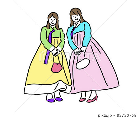 韓国のチマチョゴリを着た2人の女性のイラスト素材