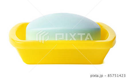 Soap on a plastic soap dish isolated on a white background Soap on a plastic soap dish isolated on a white background 85751423