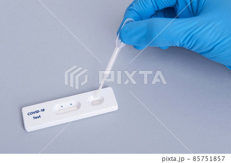 scientist or doctor hand using Rapid antigen test cassette quick fast testing identifying antibodies for COVID-19 Coronavirus is on white background 85751857