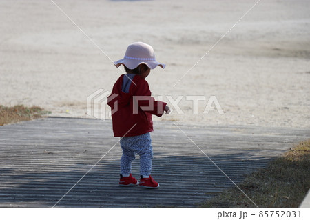 砂浜で遊ぶ1歳児の後ろ姿 85752031