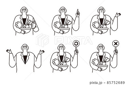 衛生帽子と白衣を着た栄養士さんのベクターイラストセット。 85752689