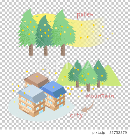 花粉が山から街に飛んでくるイラスト 説明図 図表 花粉症 スギ 花粉が山から街に飛んでくるイラスト 説明図 図表 花粉症 スギ 85752879