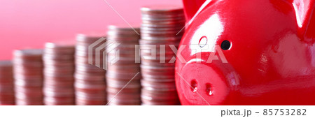 Red pig piggy bank and stacks of coins stand on red background Red pig piggy bank and stacks of coins stand on red background 85753282