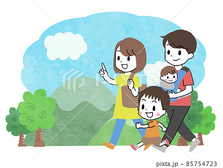 夏 お出かけする家族のイラストのイラスト素材