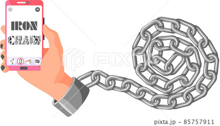 Modern internet and social networks addiction. Iron chain on smartphone screen, dominance of gadgets 85757911