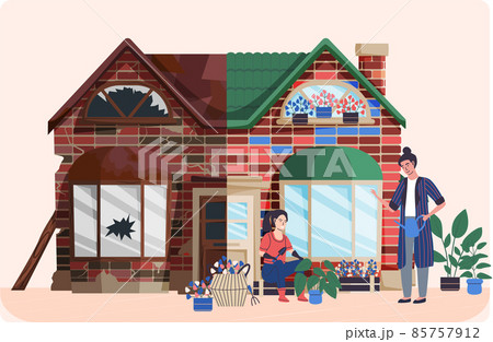 Home house repair renovation service. Before and after creative concept, restoration of old building 85757912