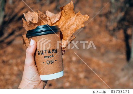 Eco zero waste paper cup with text AUTUMN mood on. Woman holding fall leaves and cup of tea coffee next to autumn nature. Eco zero waste paper cup with text AUTUMN mood on. Woman holding fall leaves and cup of tea coffee next to autumn nature. 85758171