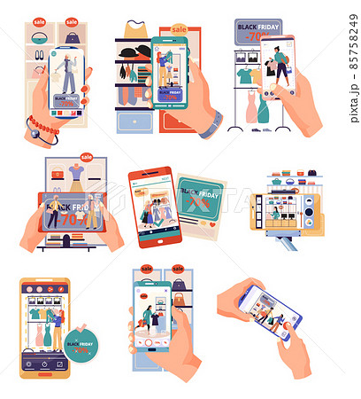 Mobile online shopping. People buy clothes and accessories in online shops, black friday sale Mobile online shopping. People buy clothes and accessories in online shops, black friday sale 85758249