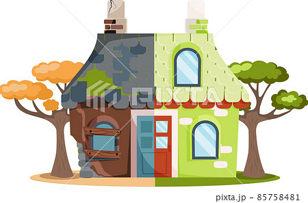 Home renovation, old house before and after repair. New and old suburban cottage. Remodel building 85758481