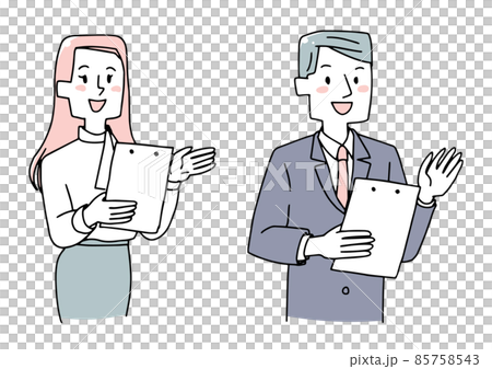 こちらとご案内するビジネスマンの男女のセット　温かみのある手描きの人物イラスト　白バックにベクター 85758543