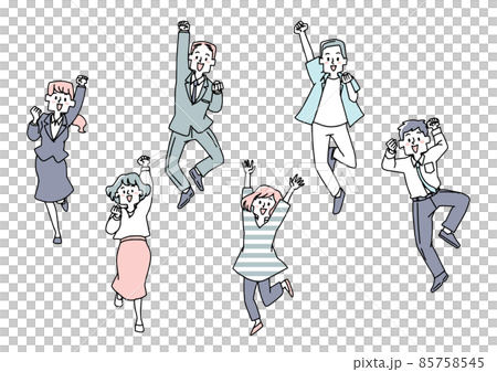 拳を突き上げジャンプしながら喜びや決意を表す人々のセット　温かみのある手描きの人物イラスト 85758545