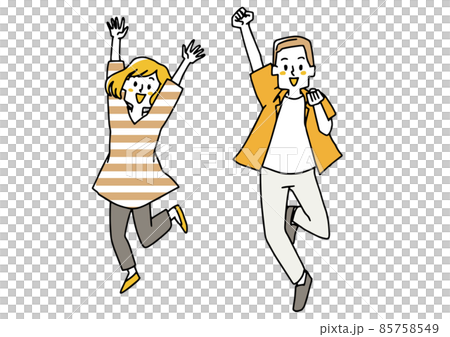 A set of a woman and a man who expresses joy and determination while pushing up their fists and jumping. Warm hand-drawn portrait illustration. 85758549