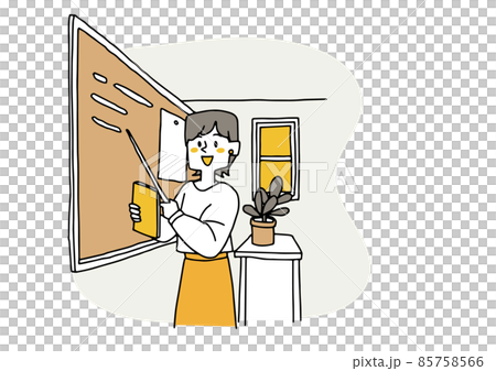 黒板の前で授業をする学校の女性教師 温かみのある手描きの人物 白バックにベクター 黒板の前で授業をする学校の女性教師 温かみのある手描きの人物 白バックにベクター 85758566