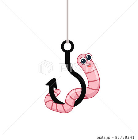 Cartoon worm on a hook. Emotion smile. isolated on a white Cartoon worm on a hook. Emotion smile. isolated on a white 85759241