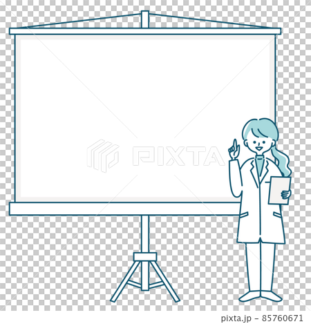 Illustration of a woman in a lab coat sticking her finger in front of the screen Illustration of a woman in a lab coat sticking her finger in front of the screen 85760671