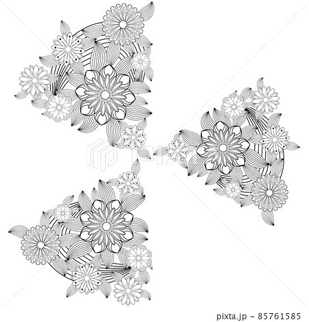 Black and white ornamental fantastic flowers, magic composition. Monochrome Pattern: Floral Texture, Adult Coloring Book page 85761585