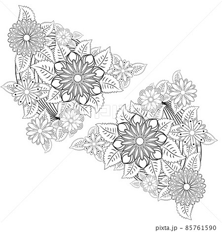 Outline vector drawing of flowers for adult coloring books. Page of floral pattern in black and white. 85761590