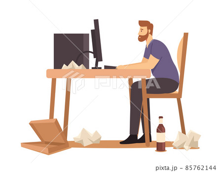 Overweight Male Character Sitting at Desk Working on Computer with Fast Food Package, Bottles and Paper Rubbish around 85762144