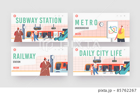 Subway Station Landing Page Template Set. People on Platform with Train, Escalator, Map, Clock, Digital Display, Metro 85762267