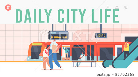 Daily City Life Landing Page Template. People at Subway Station, Characters at Public Metro with Train, Escalator 85762268