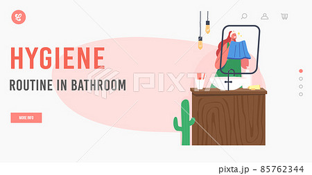Hygiene Routine in Bathroom Landing Page Template. Young Female Character Washing Face Stand front of Mirror, Girl Care 85762344