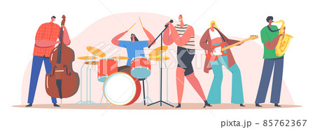 Music Band on Stage. Performing Rock Concert on Scene. Artists Characters with Musical Instruments Singing Rock Song Music Band on Stage. Performing Rock Concert on Scene. Artists Characters with Musical Instruments Singing Rock Song 85762367
