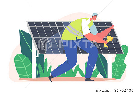 Electrician Worker Installing Solar Panels, Alternative Clean Energy Concept with Engineer Character with Instrument 85762400