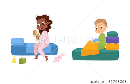 Little Boy and Girl Playing Dolls and Reading Book in Their Bed Preparing for Sleep Vector Set 85763203