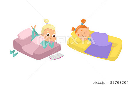 Little Girl Sleeping Sweetly on Soft Pillow Under Blanket in Bed and Reading Book Vector Set 85763204