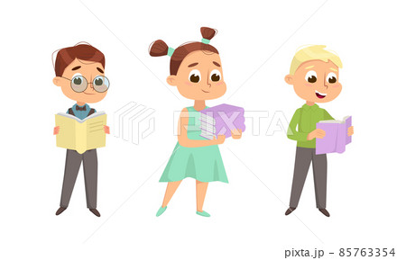 Cute Boy and Girl Nerd in Glasses Reading and Studying Book Vector Set 85763354