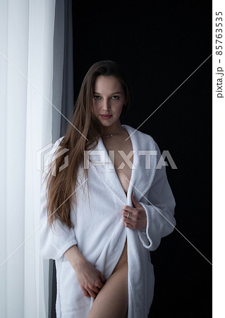 Sexy Woman Covering Breast with Silk Fabric. Bare Girl Posing Camera  Indoors., Stock Footage