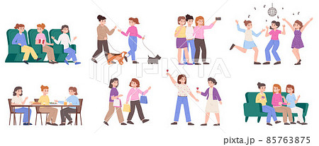 Girlfriends spend time together, female friendship entertainment. Women friends chatting, shopping and dancing vector illustration set. Girlfriends gathering together 85763875