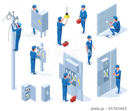 Isometric professional electricians, workers repair power line. Electrician occupation, characters with electrical equipment vector illustration set. Electrician profession 85763883