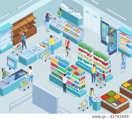 Isometric grocery market interior, supermarket showcase and checkout counter. Grocery store customers trolleys and goods shelves vector illustration. Supermarket interior 85763889