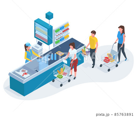 Isometric grocery store counter line, people at supermarket queue. Customers waiting in supermarket check-outs line vector illustration. Grocery supermarket checkout 85763891