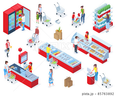 Isometric grocery shopping, people buying food in supermarket. Grocery store shopping, customers buying food in grocery market vector illustration set. Foodstuffs store 85763892