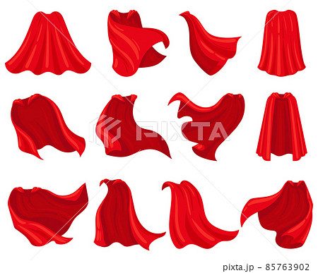 Cartoon superhero red cloaks, scarlet mantle capes. Silk superhero cloak costume, scarlet hero capes vector illustration set. Superhero red textile cloaks 85763902