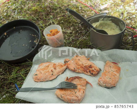 Fried red trout fish fillet of freshly caught arctic char with with mashed potatoes and ripe cloudberries with outdoor dishes, cooking pan and mess tin. Outdoor camping cooking dinner Fried red trout fish fillet of freshly caught arctic char with with mashed potatoes and ripe cloudberries with outdoor dishes, cooking pan and mess tin. Outdoor camping cooking dinner 85765743