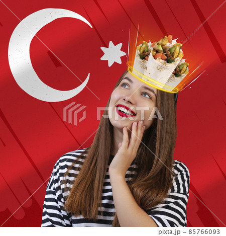 Emotive young girl with turkish food in her head, dreams isolated on turkish flag background. Contamporary art collage Emotive young girl with turkish food in her head, dreams isolated on turkish flag background. Contamporary art collage 85766093