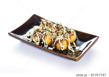Takoyaki with seasoning on white background. - Japan food style. 85767587