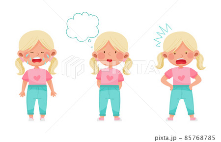 Adorable blonde girl showing different emotions set. Cute kid with unhappy, puzzled and angry face expression cartoon vector illustration 85768785