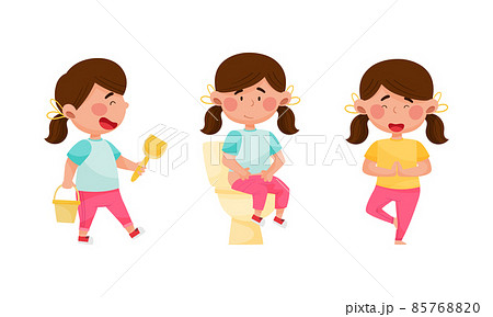 Cute girl daily routine activities set. Child playing outdoors, sitting on toilet bowl and doing yoga cartoon vector illustration 85768820
