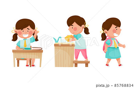kids drawing set of The daily routine of cute girl going to school