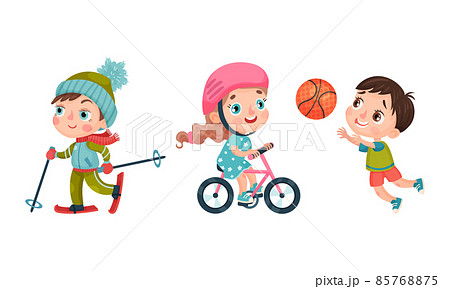 Set of kids doing sport. Happy little children skiing, playing basketball and cycling cartoon vector illustration 85768875