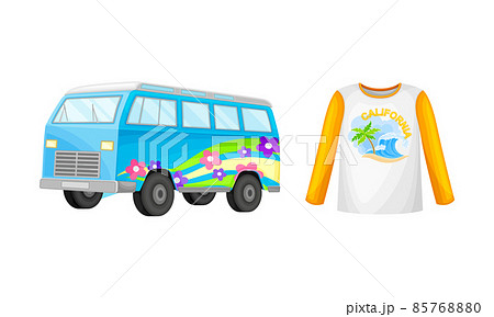 Summer holiday objects set. Vintage hippie van and rashguard vector illustration 85768880