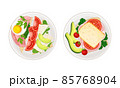 Breakfast meal dishes set. Fried egg, vegetables, ham and cheese served on plates vector illustration 85768904